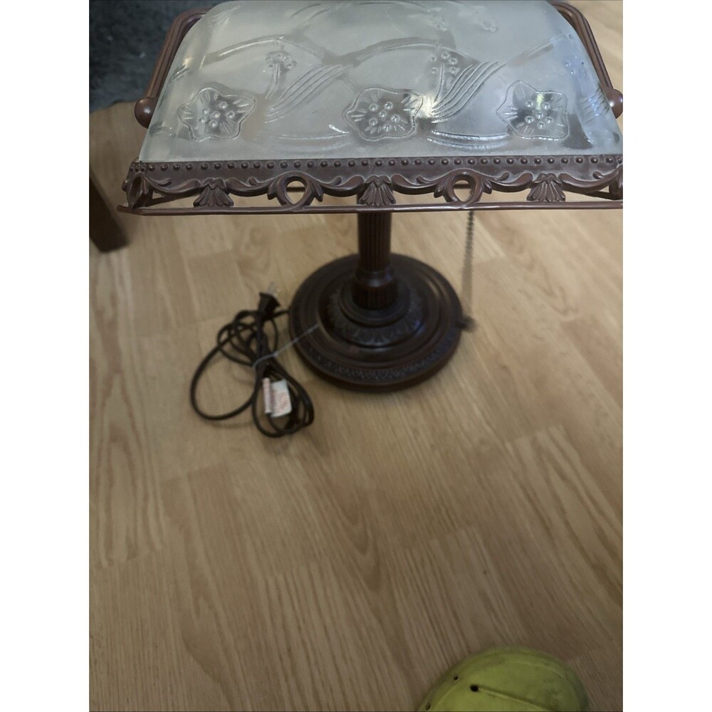 Bronze Bankers Desk Lamp Frosted Etched Glass Tilting Shade 15” Tall